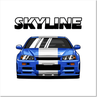 Nissan Skyline r34 GTR White Grey and Blue, JDM Car Posters and Art